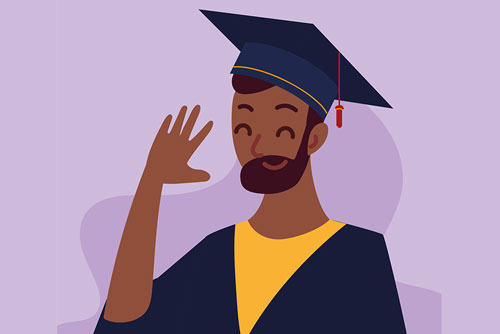 وکتور EPS داشنجو مرد با ریش با تصویر زمینه بنفش در جشن فارغ التحصیلی دانشگاه ویژه روز دانشجو